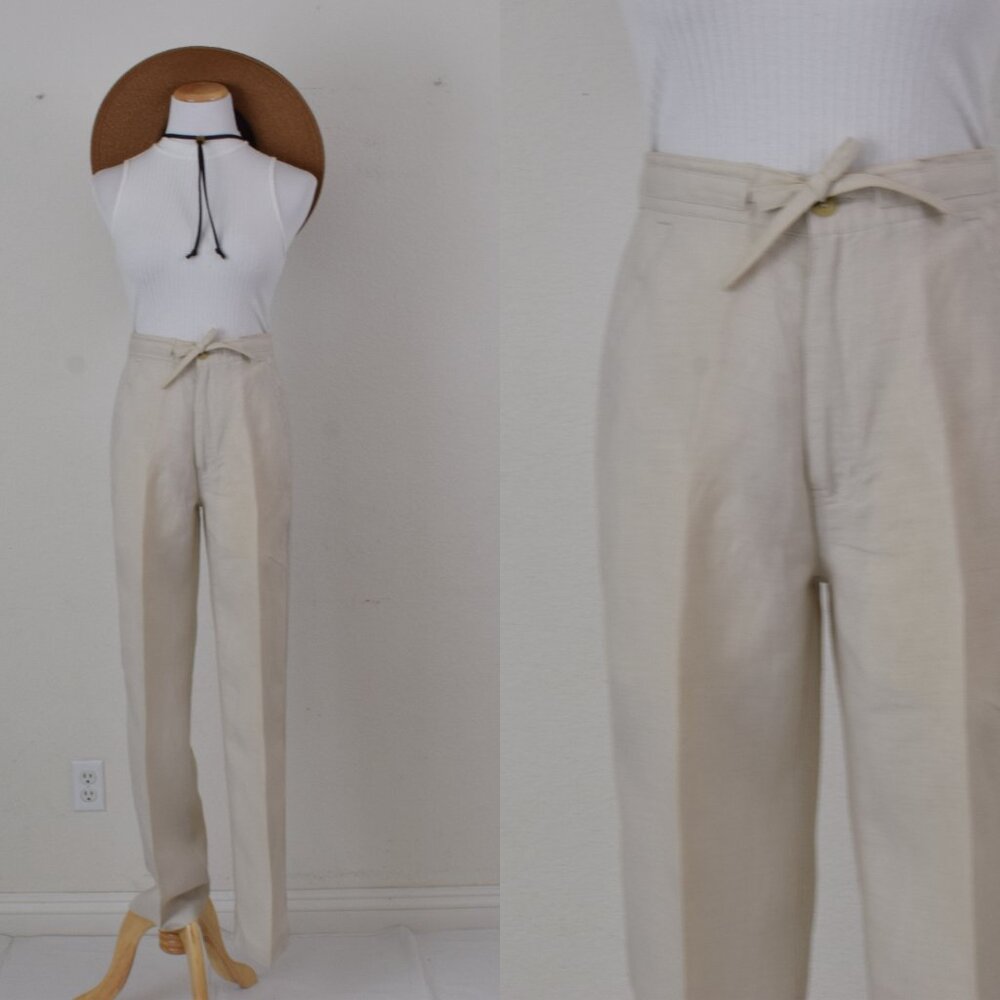 Vintage 90s Beige Drawstring Flat Front Pants | 28-30 waist